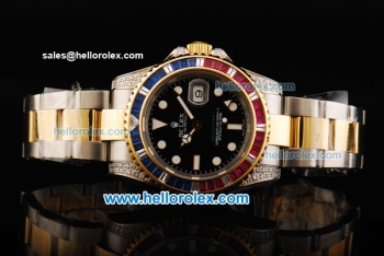 Rolex GMT Master II Swiss ETA 2836 Automatic Movement Black Dial with Diamond Bezel and Two Tone Strap