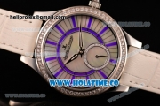 Jaeger-LeCoultre Lady Miyota Quartz Steel Case with White MOP Dial Purple Stick Markers and White Leather Strap - Diamonds Bezel