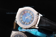 Rolex Datejust Oyster Perpetual Automatic Movement Blue Dial with White Numeral Marker and Diamond Bezel-Black Leather Strap