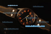 IWC Pilot Swiss Quartz PVD Case with Black Dial and Black Leather Strap-Orange Markers