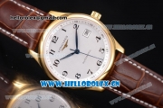 Longines Master Date Swiss ETA 2824 Automatic Yellow Gold Case with White Dial Arabic Numeral Markers and Brown Leather Strap