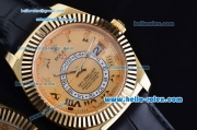 Rolex Sky-Dweller Asia 2813 Automatic Gold Case with Black Leather Strap and Yellow Dial