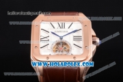 Cartier Santos Tourbillon Asia Automatic Rose Gold Case with White Dial and Brown Leather Strap - Roman Numeral Markers