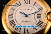 Cartier Ballon Bleu De Medium Asia 4813 Automatic Yellow Gold Case with Silver Dial and Rose Red Leather Strap - Roman Numeral Markers (GF)