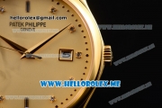 Patek Philippe Calatrava Miyota Quartz Yellow Gold Case with Yellow Gold Dial and Black Leather Strap Diamonds Markers