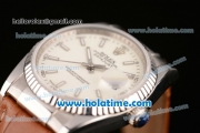 Rolex Datejust Swiss ETA 2836 Automatic Steel Case with White Dial and Brown Leather Strap