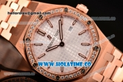 Audemars Piguet Royal Oak 33MM Miyota Quartz Rose Gold Case/Bracelet with White Dial Stick Markers and Diamonds Bezel (EF)