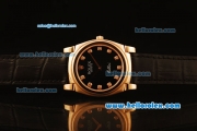 Rolex Cellini Swiss Quartz Rose Gold Case with Black Dial and Black Leather Strap-Diamond Markers