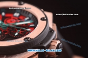 Hublot King Power Swiss Valjoux 7750 Automatic Rose Gold Case with Red Skeleton Dial and Black Leather Strap