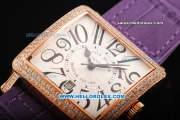 Franck Muller Master Square Swiss ETA 2824 Automatic Movement Rose Gold Case with Diamond Bezel and Purple Leather Strap