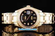 Rolex Day-Date Oyster Perpetual Chronometer Automatic Diamond Bezel with Full Gold Case and Strap- Black Dial with Rolex Logo-Diamond Marking