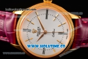 Rolex Cellini Time Asia 2813 Automatic Yellow Gold Case White Dial Burgundy Leather Strap and Stick/Roman Numeral Markers