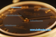 Rolex Cellini Swiss Quartz Yellow Gold Case with Brown Dial and Black Leather Strap-Roman Markers