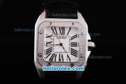 Cartier Santos 100 Automatic Diamond Bezel with White Dial and White Case -Roman Numerals Marking-Black Leather Strap
