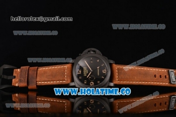 Panerai Luminor 1950 3 Days GMT Automatic Ceramica PAM441 Clone P.9000 Automatic Ceramic Case with Brown Leather Strap Black Dial and Arabic Numeral Markers (ZF)