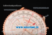 Breitling Navitimer GMT Chrono Swiss Valjoux 7750 Automatic Rose Gold Case with White Dial Stick Markers and Brown Leather Strap