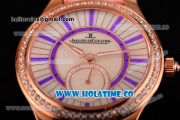 Jaeger-LeCoultre Lady Miyota Quartz Rose Gold Case with White MOP Dial Purple Stick Markers and Pink Leather Strap - Diamonds Bezel