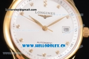 Longines Master Date Swiss ETA 2824 Automatic Yellow Gold Case with White Dial Black Leather Strap and Diamonds Markers