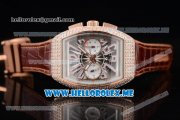 Franck Muller Vanguard Miyota OS20 Quartz Rose Gold Case with Champagne Dial Brown Leather Strap Arabic Numeral Markers and Diamonds Bezel