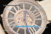 Cartier Rotonde De Swiss Quartz Steel Case with Diamonds Bezel Skeleton Dial and White Leather Strap