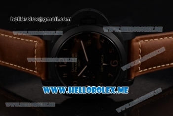 Panerai Luminor 1950 3 Days GMT PAM 441 Clone P.9001 Automatic Ceramic Case with Black Dial and Brown Leather Strap Arabic Numeral Markers