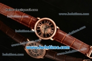 Cartier Rotonde De Swiss Quartz Rose Gold Case with Diamonds Bezel Skeleton Dial and Brown Leather Strap