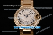 Cartier Ballon Bleu De Small Swiss Quartz Yellow Gold Case/Bracelet with White Dial and Black Roman Numeral Markers - Diamonds Bezel