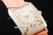 Franck Muller Long Island Swiss Quartz Movement Diamond Dial and Bezel with Pink Leather Strap