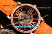 Cartier Rotonde De Swiss Quartz Rose Gold Case with Diamonds Bezel Skeleton Dial and Orange Leather Strap