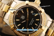 Tag Heuer Aquaracer Swiss ETA Quartz Movement Gold Bezel with Diamond - Black Dial and Two Tone Strap