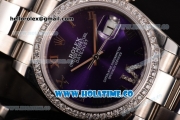 Rolex Datejust Asia 2813 Automatic Steel Case with Purple Dial Diamonds Bezel and Roman Numeral Markers (BP)