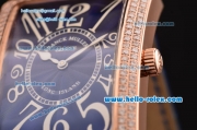 Franck Muller Long Island Swiss Quartz Rose Gold Case Diamond Bezel with Blue Leather Strap and Blue Dial