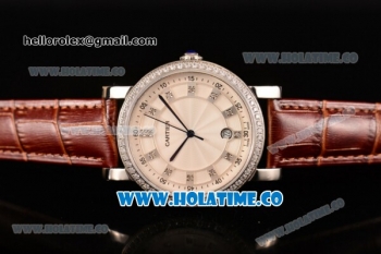 Cartier Rotonde De Miyota Quartz Steel Case with White Dial Diamonds Bezel and Diamonds Markers