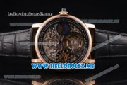 Cartier Ronde De MoonPhase Swiss Tourbillon Manual Winding Rose Gold Case with Skeleton Dial and Black Leather Strap