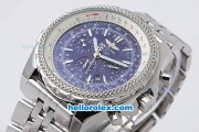 Breitling Bentley Small Date Automatic Movement Silver Case with Blue Dial and Honeycomb Bezel-SS Strap