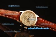 Breitling Transocean Quartz Steel Case with Rose Gold Bezel and White Dial-Brown Leather Strap