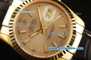 Rolex Oyster Perpetual Datejust Swiss ETA 2836 Automatic Movement Gold Case with Grey Dial and Black Leather Strap