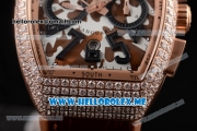 Franck Muller Vanguard Miyota OS20 Quartz Rose Gold Case with Brown/White Dial Brown Leather Strap Arabic Numeral Markers and Diamonds Bezel