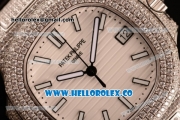 Patek Philippe Nautilus Miyota 9015 Automatic Steel Case Diamond Bezel with White Dial and Black Leather Strap