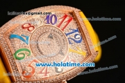Franck Muller Cintree Curvex Swiss Quartz Rose Gold/Diamonds Case with Diamonds Dial Colorful Numeral Markers and Yellow Leather Strap