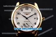 Longines Master Power Reserve Swiss ETA 2824 Automatic Yellow Gold Case with White Dial and Black Leather Strap Arabic Numeral Markers