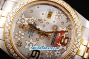 Rolex Datejust II Oyster Perpetual Automatic Movement Silver/Flower Dial with RG/Diamond Bezel-Two Tone Strap