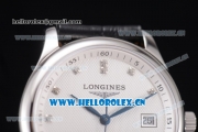 Longines Master Swiss ETA 2824 Automatic Steel Case with White Dial Diamonds Markers and Black Leather Strap (ZF)