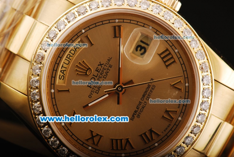 Rolex Day Date Oyster Perpetual Swiss ETA 2836 Automatic Movement Full Gold with Roman Numerals and Diamond Bezel - Click Image to Close