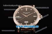 Patek Philippe Calatrava Miyota Quartz Steel Case with Diamonds Bezel and Black Dial - Diamonds Markers