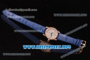 Omega De Ville Prestige Miyota Quartz Rose Gold Case with White MOP Dial Diamonds Bezel and Blue Leather Strap