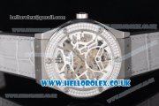 Hublot Classic Fusion Skeleton Asia Automatic Steel Case with Skeleton Dial Diamonds Bezel and Grey Leather Strap