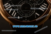 Cartier Ballon Bleu De Chrono Swiss Valjoux 7750 Automatic Rose Gold Case with Black Dial Roman Numeral Markers and Genuine Leather Strap