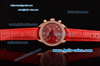 Omega Speedmaster Chrono Swiss Quartz Rose Gold Case Diamond Bezel with Red Leather Strap and Red Dial Numeral Markers