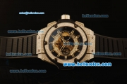 Hublot King Power Swiss Valjoux 7750 Automatic Steel Case with Diamond Bezel and Skeleton Dial-Black Rubber Strap